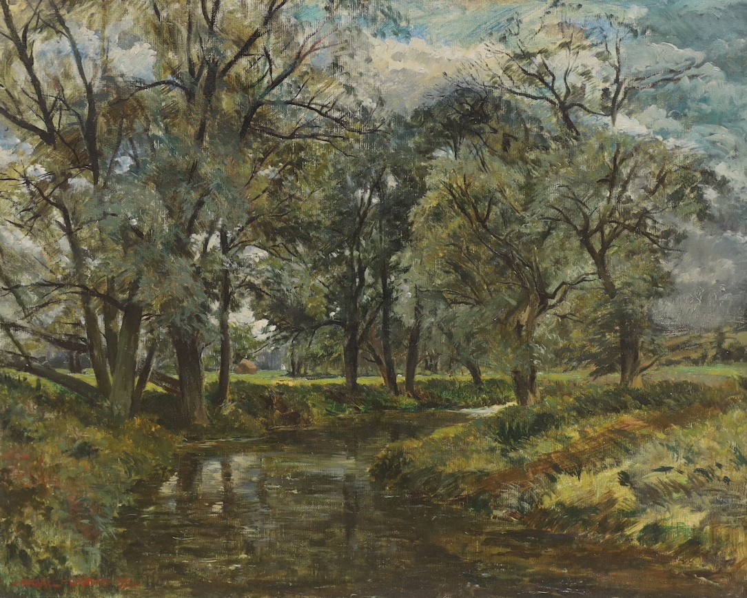 Michael Lawrence Cadman (1920-2010), oil on canvas, Scene on the River Mole, signed, AEB Exhibition label verso, 61 x 77cm